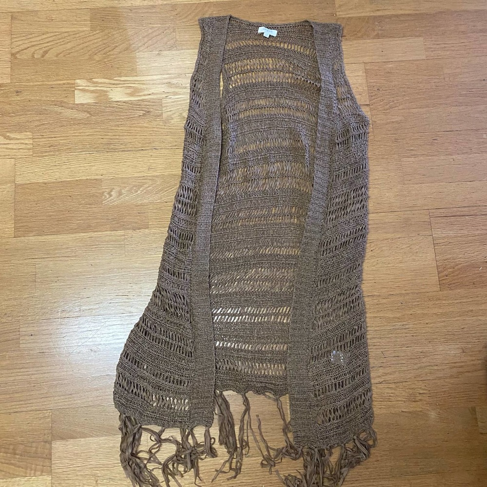 Umgee Tan Open Knit Coastal Cowgirl Western Granola Festival Fringe Duster S/M